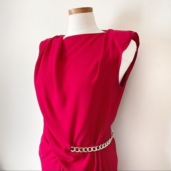 The Kooples Red Sleeveless draped Dress with Epaulettes and Chain detail sz 3 - Picture 3 of 9